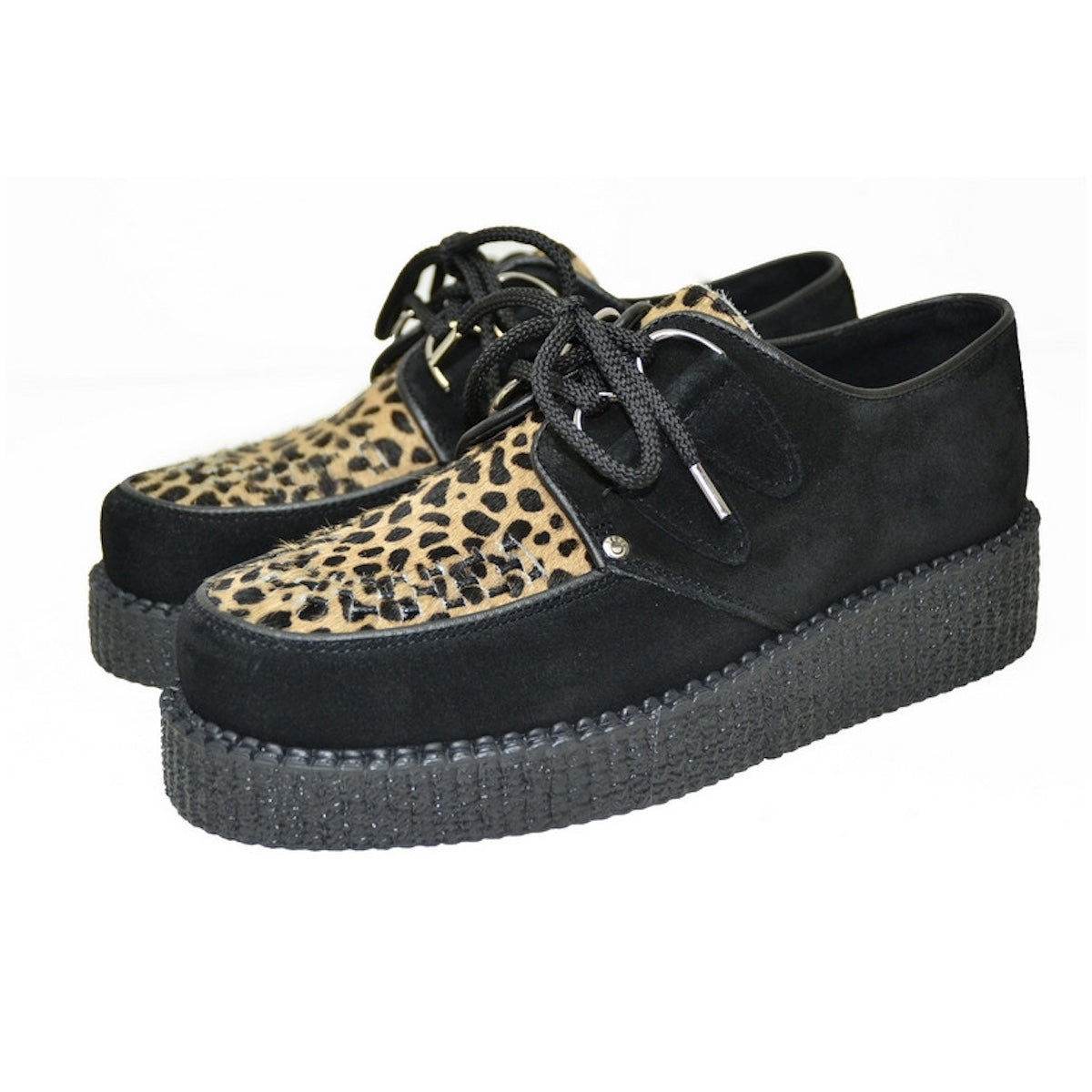 Creepers suela baja cordones ante negro empeine leopardo capuccino